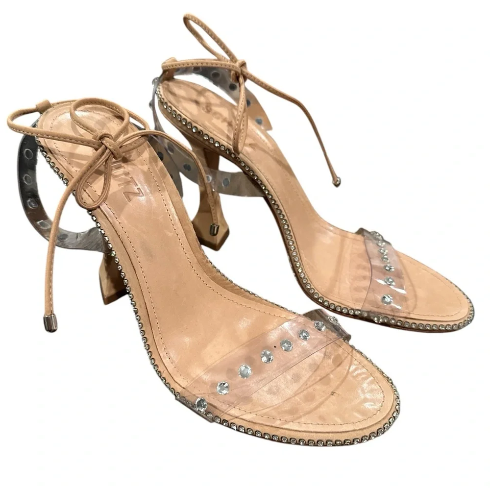 SCHUTZ RHEA SANDAL HONEY BEIGE CRYSTAL STRAPPY HEELS SHOES 8